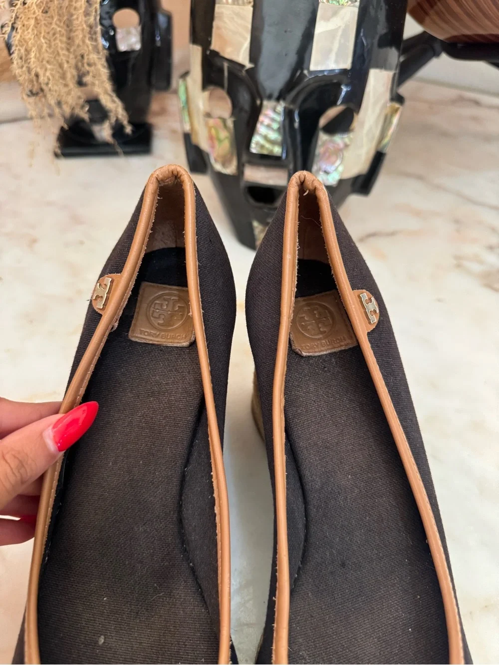 Tory Burch Black Canvas Espadrille Wedge Peep Toe Shoes Women’s EU 37.5